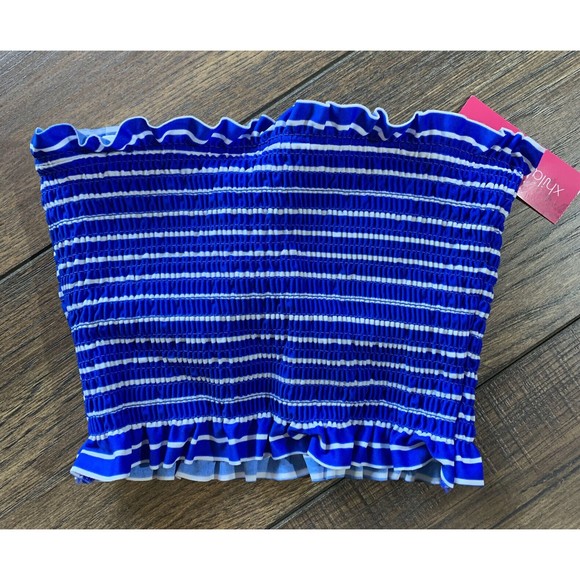 Juniors' Xhilaration Smocked Bandeau Bikini Top, Blue Stripe, X-Small (00), 1020 - Picture 4 of 8